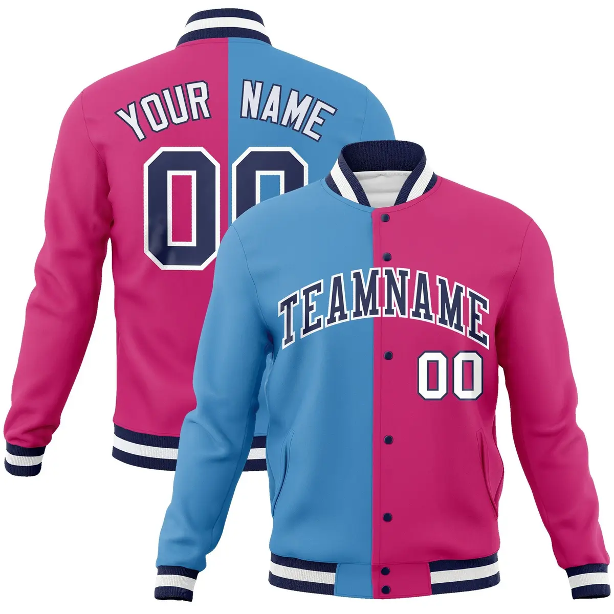 Light Blue Red-Navy Two Tone Split Varsity Full-Snap Letterman Jacket
