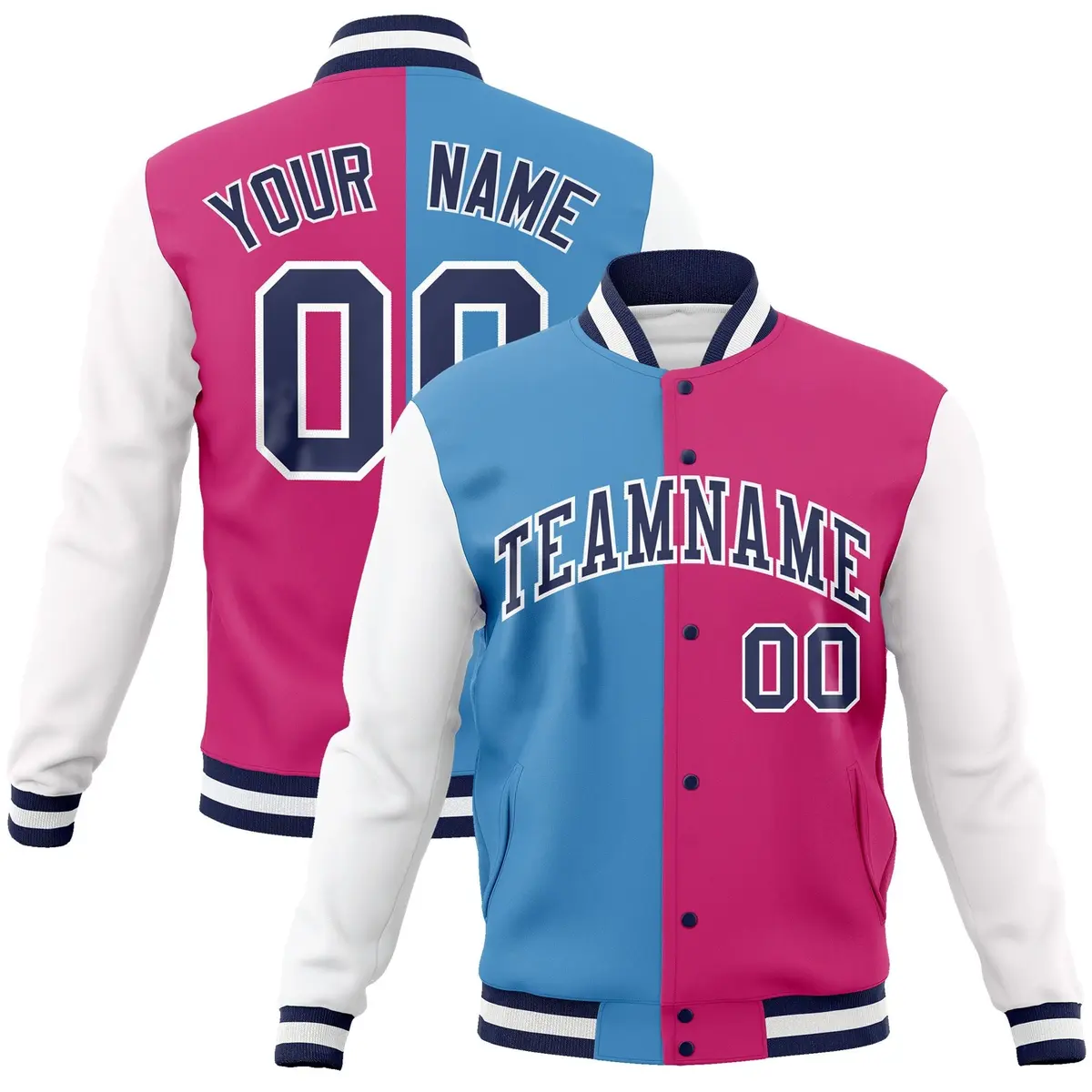 Light Blue Red-Navy Two Tone Split Varsity Full-Snap Letterman Jacket
