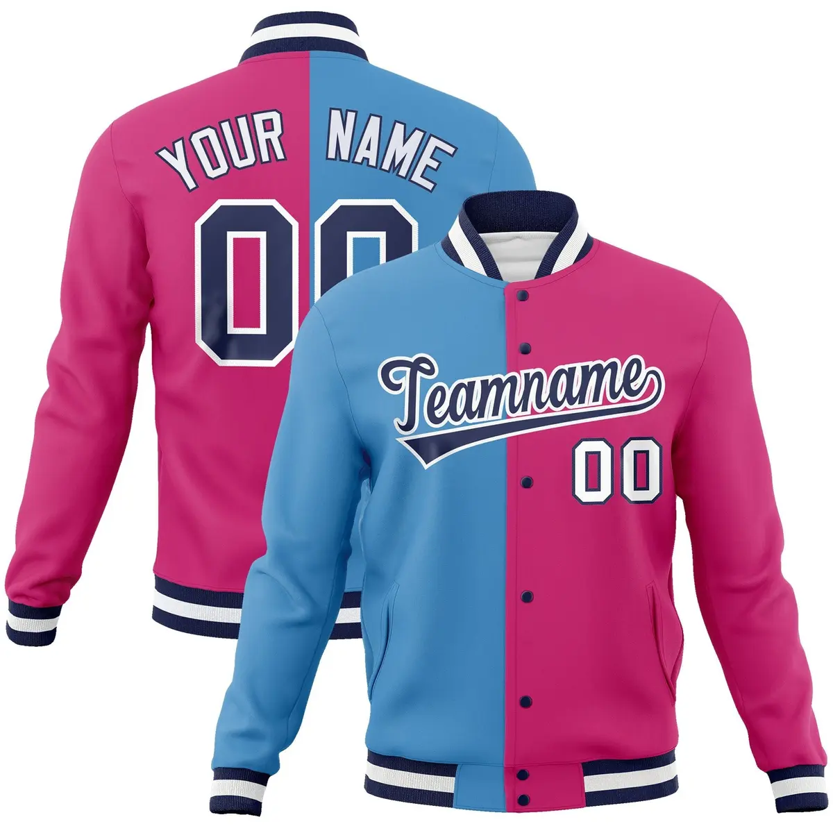 Light Blue Red-Navy Two Tone Split Varsity Full-Snap Letterman Jacket