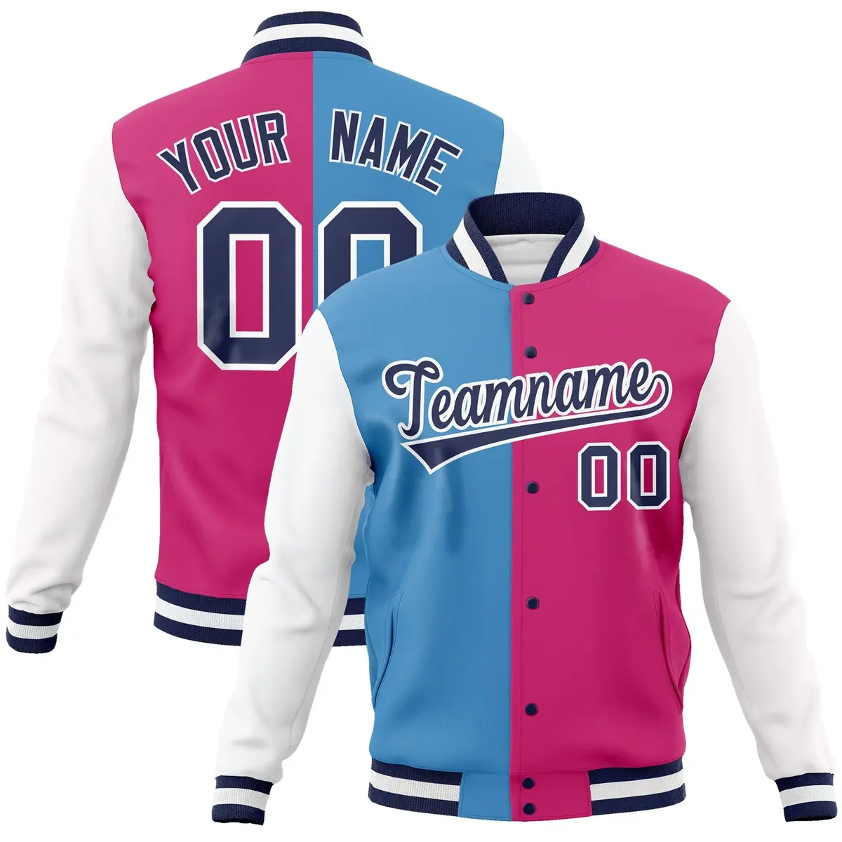Light Blue Red-Navy Two Tone Split Varsity Full-Snap Letterman Jacket