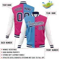 Light Blue Red-Navy Two Tone Split Varsity Full-Snap Letterman Jacket 4