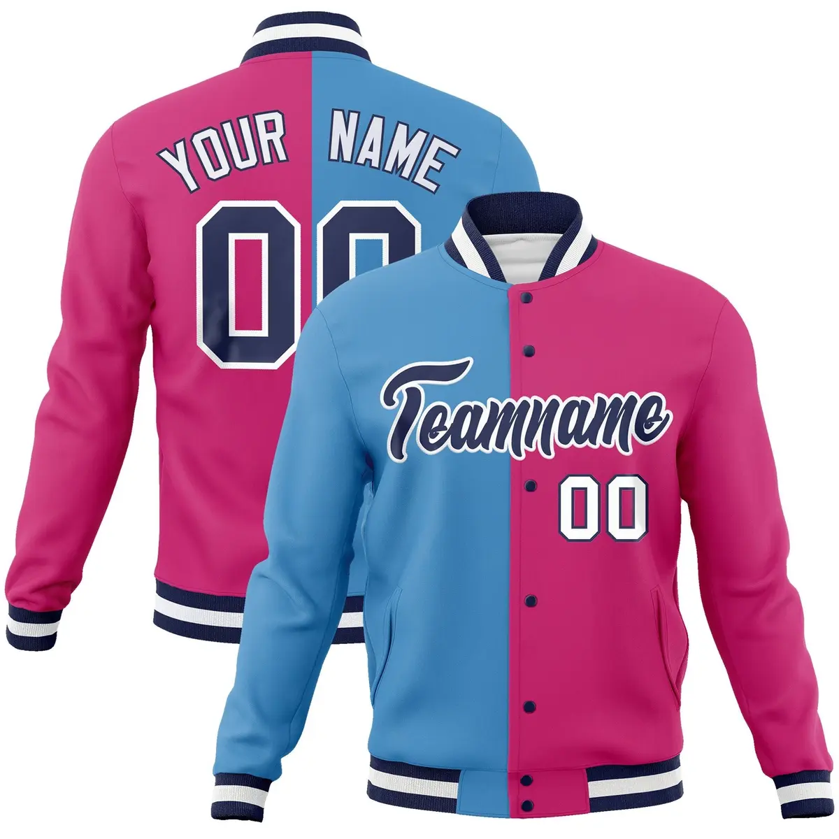 Light Blue Red-Navy Two Tone Split Varsity Full-Snap Letterman Jacket