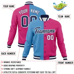 Light Blue Red-Navy Two Tone Split Varsity Full-Snap Letterman Jacket 4