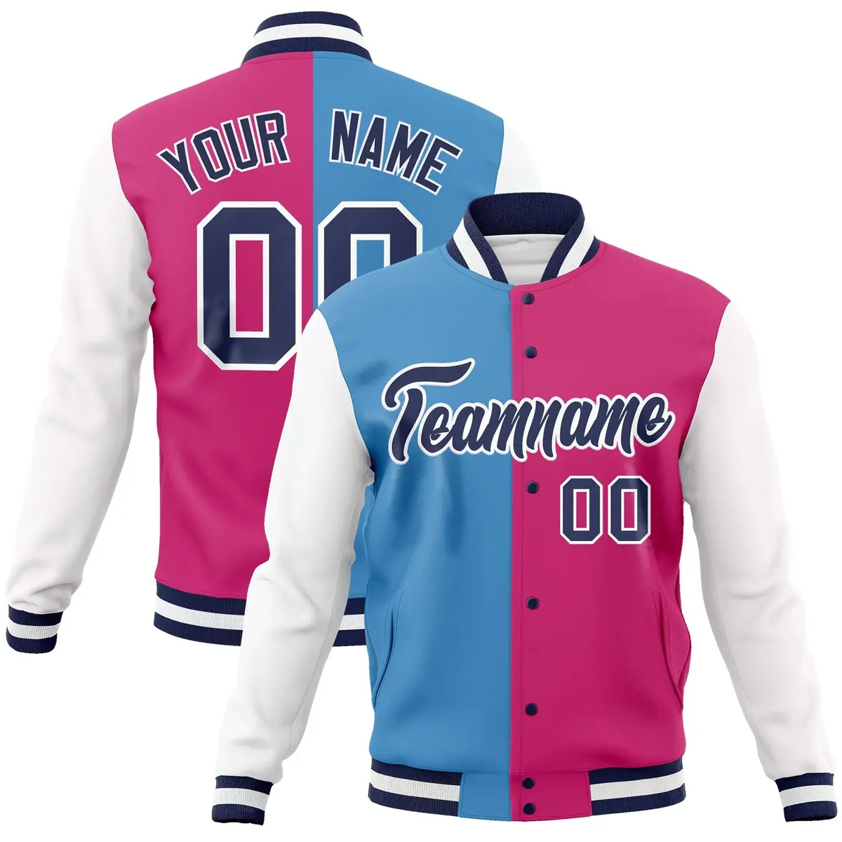 Light Blue Red-Navy Two Tone Split Varsity Full-Snap Letterman Jacket