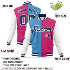 Light Blue Red-Navy Two Tone Split Varsity Full-Snap Letterman Jacket 4