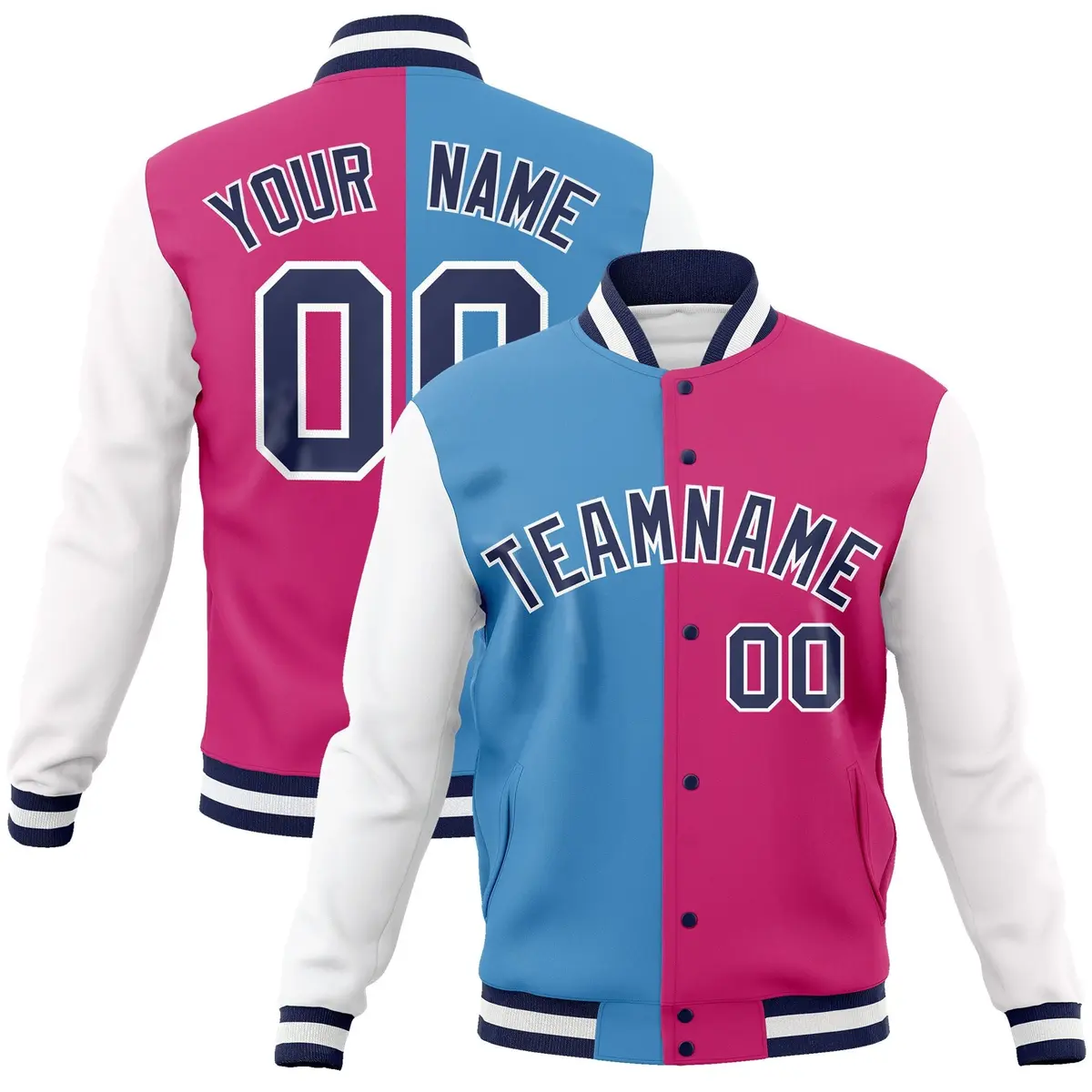 Light Blue Red-Navy Two Tone Split Varsity Full-Snap Letterman Jacket