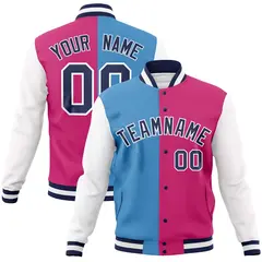 Light Blue Red-Navy Two Tone Split Varsity Full-Snap Letterman Jacket 1