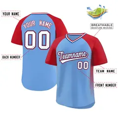 Light Blue Red Raglan Side Spot Pullover Baseball Jersey 2