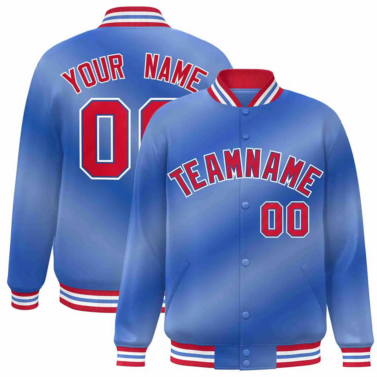 Light Blue Red-Royal Gradient Varsity Letterman Bomber Jacket