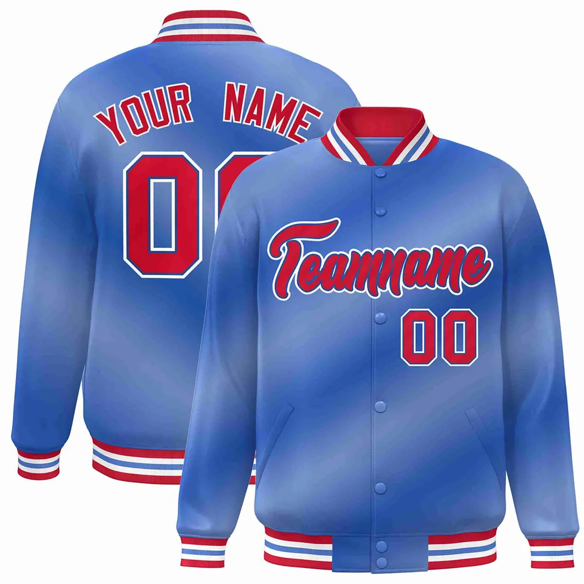 Light Blue Red-Royal Gradient Varsity Letterman Bomber Jacket