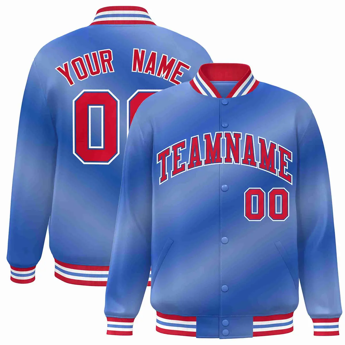 Light Blue Red-Royal Gradient Varsity Letterman Bomber Jacket