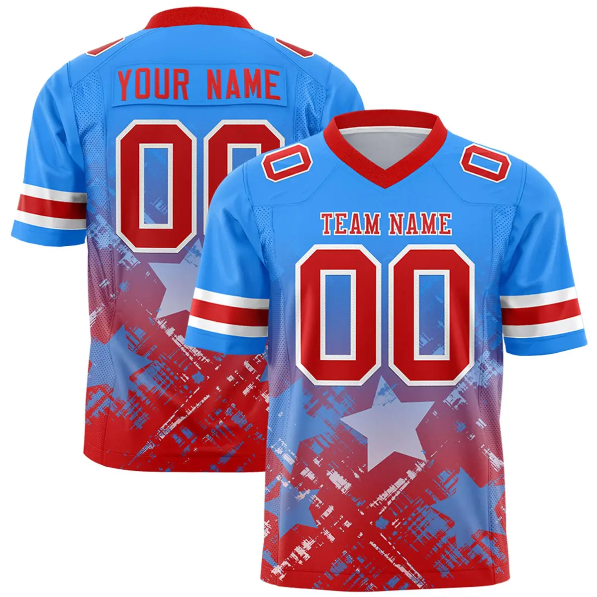Light Blue Red Star Gradient Flag Football Jersey