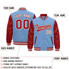 Light Blue Red White Raglan Full-Snap Letterman Jacket Leather Sleeves 2
