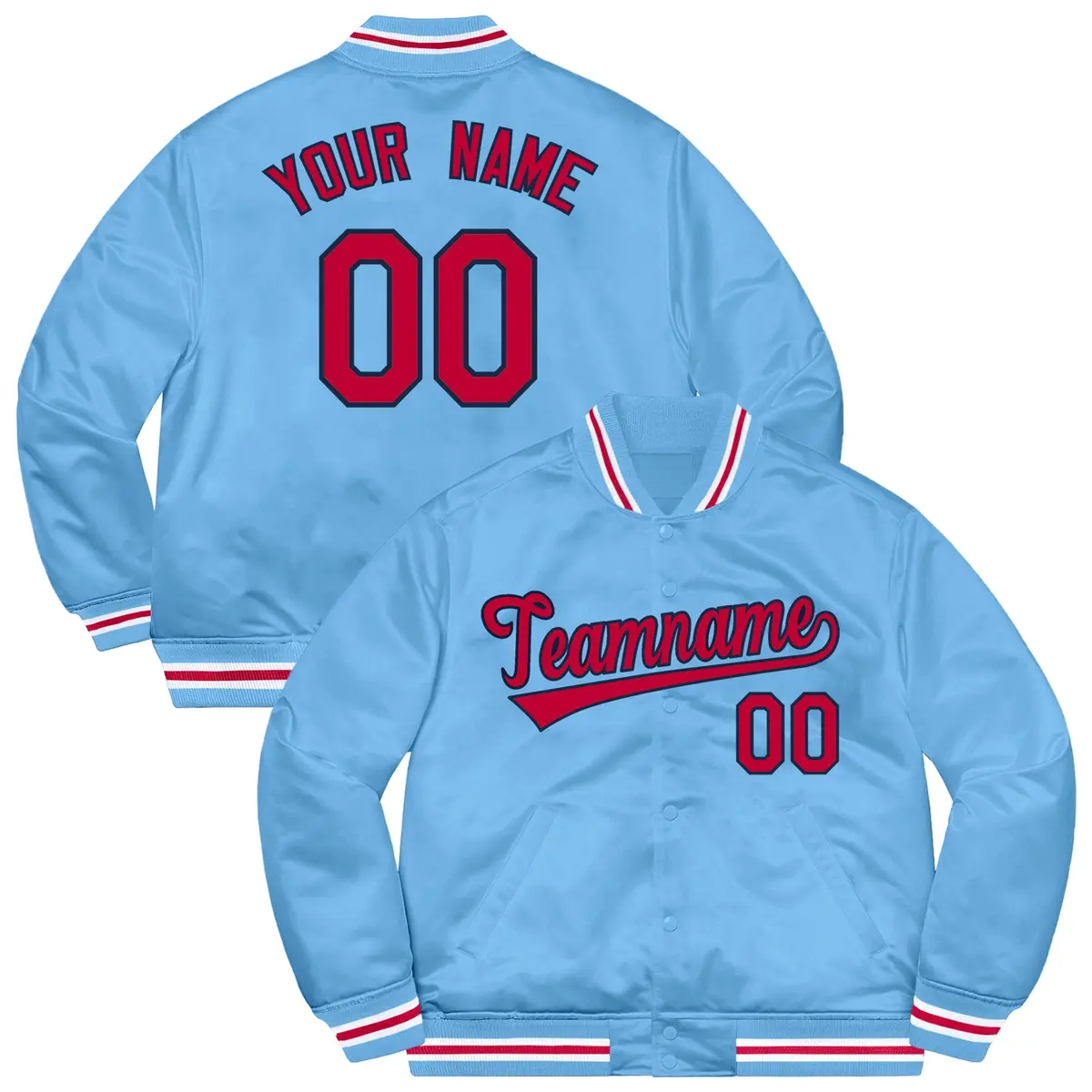 Light Blue Red-White Solid Full-Snap Varsity Letterman Jacket