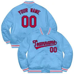 Light Blue Red-White Solid Full-Snap Varsity Letterman Jacket