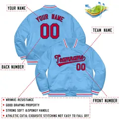 Light Blue Red-White Solid Full-Snap Varsity Letterman Jacket 2