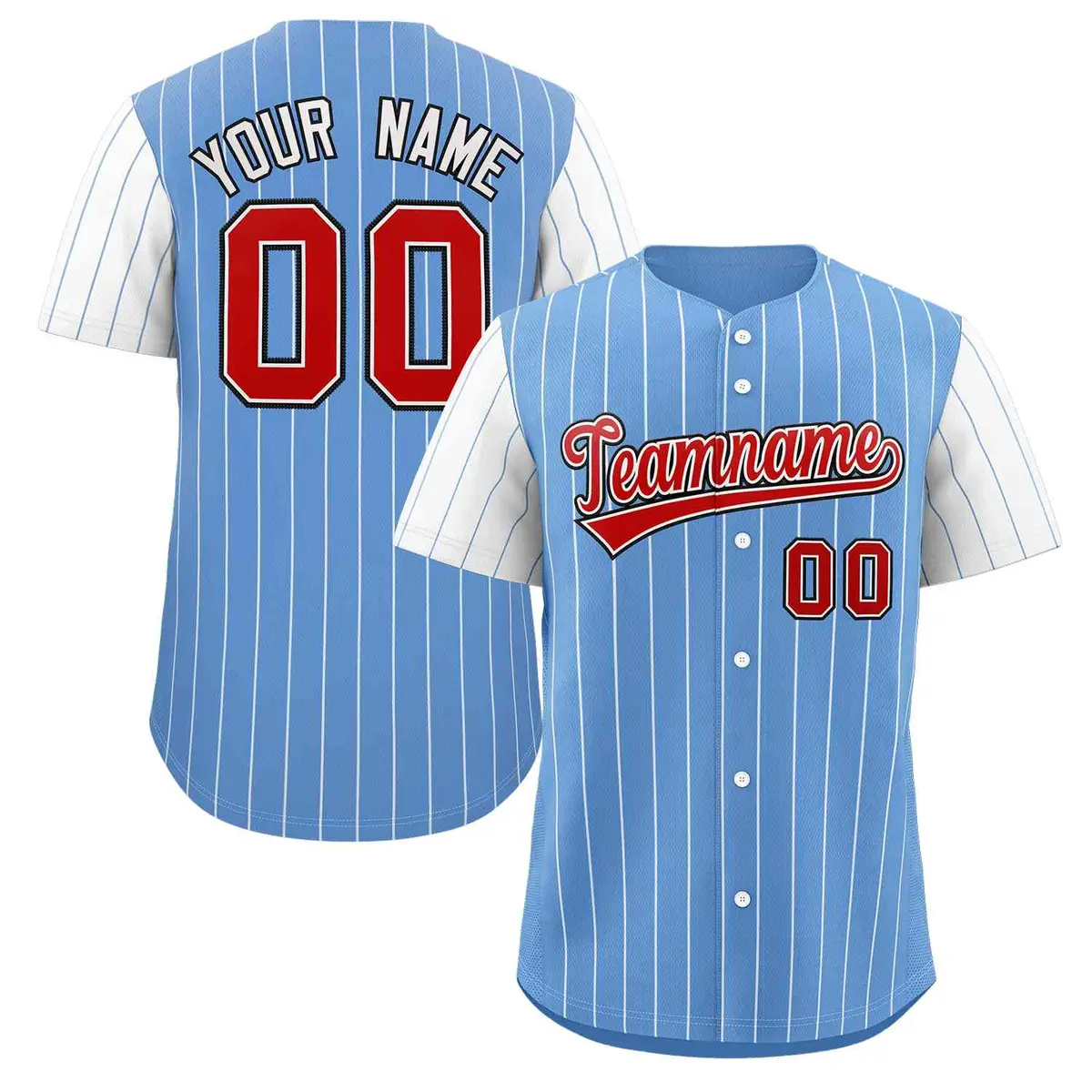 Light Blue Red-White Stripe Raglan Baseball Jersey