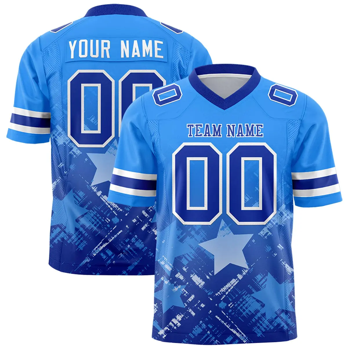 Light Blue Royal Star Gradient Flag Football Jersey