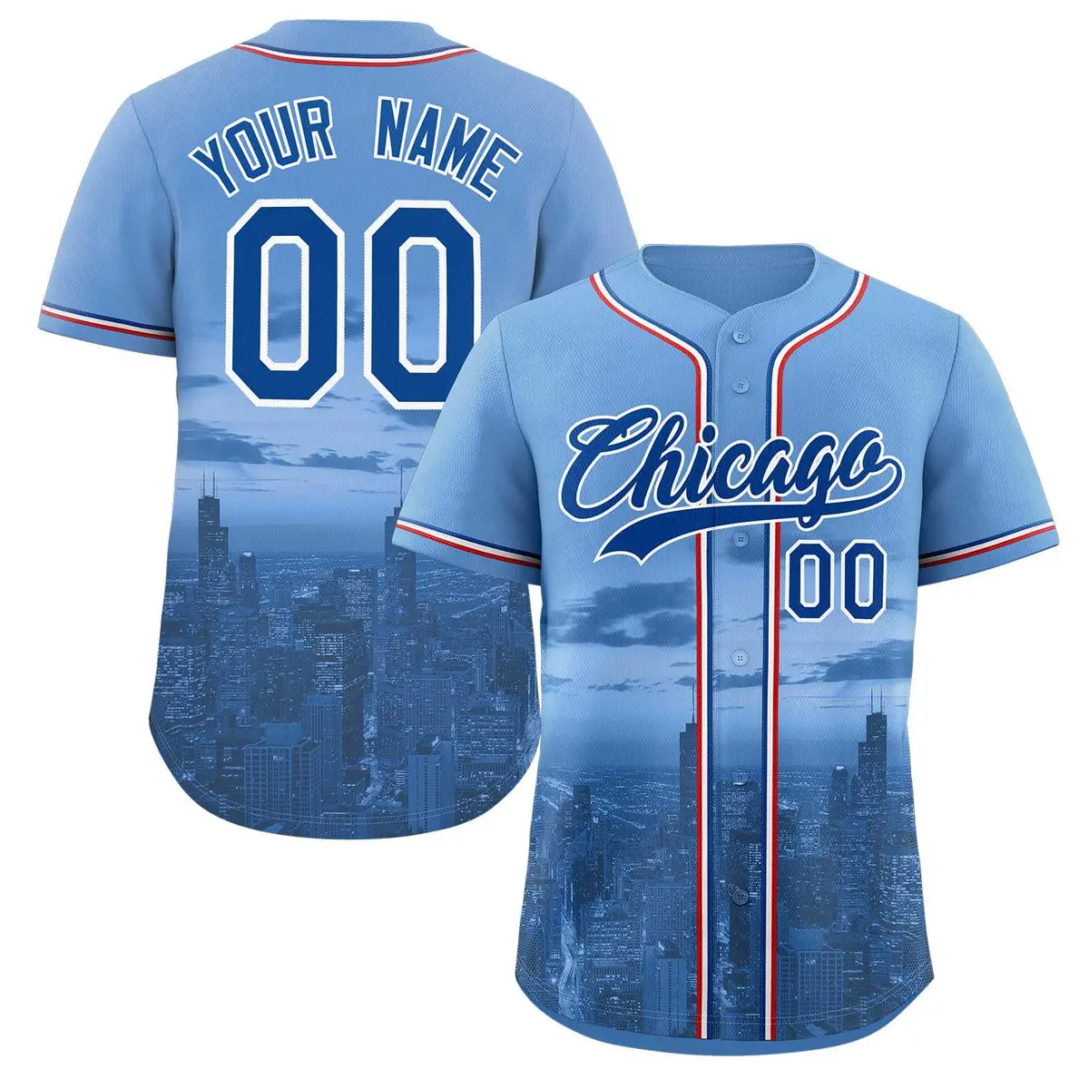 Light Blue Royal-White Chicago City Skyline Baseball Jersey