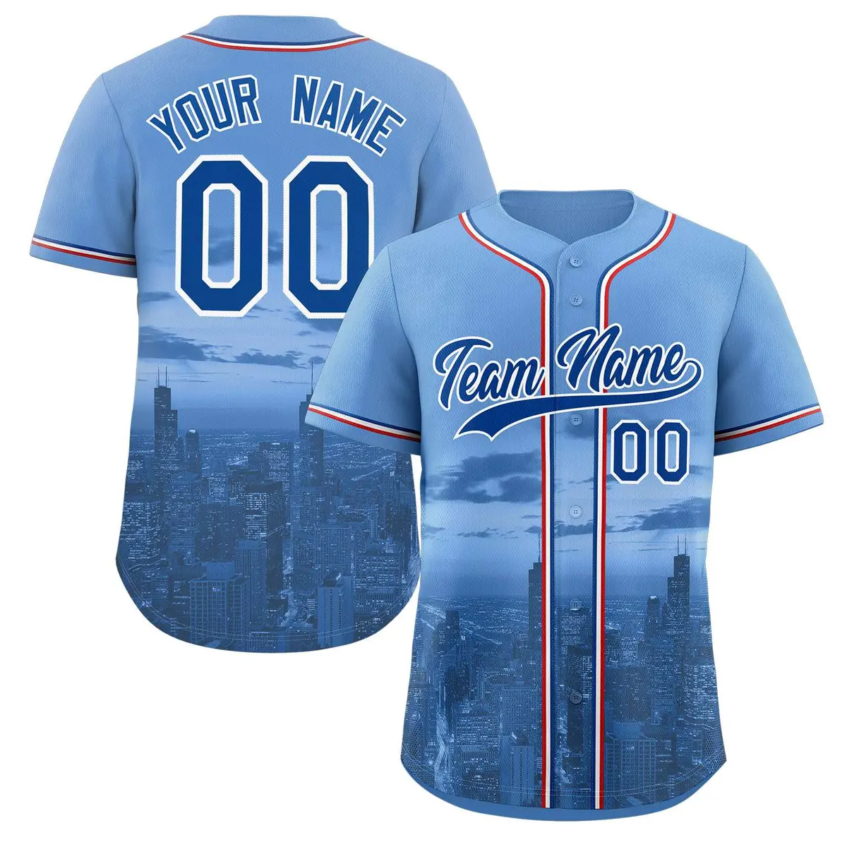 Light Blue Royal-White Chicago City Skyline Baseball Jersey
