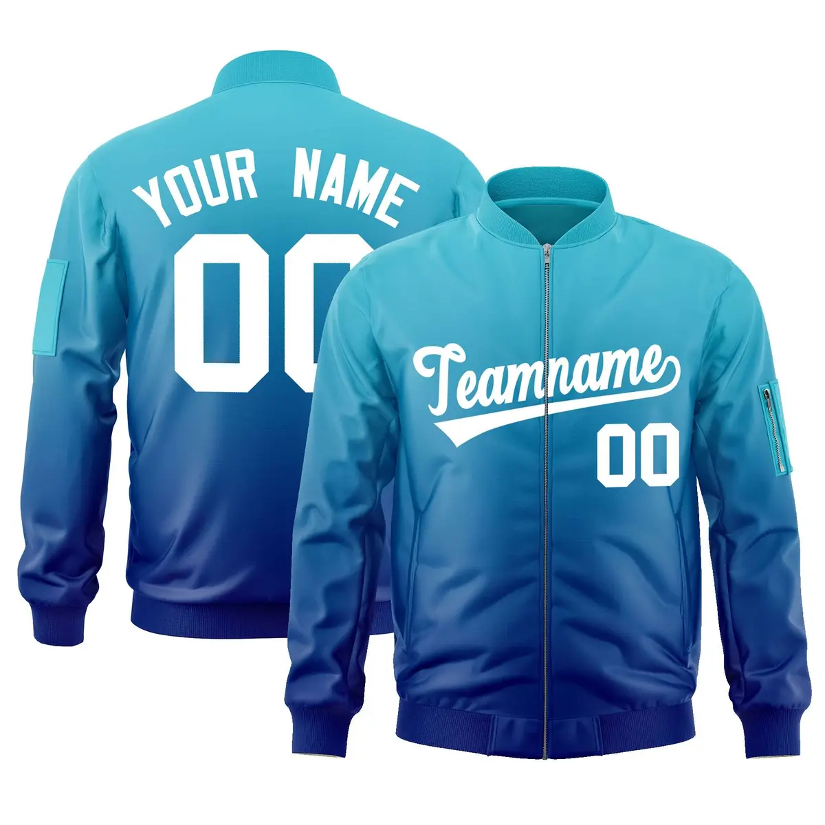 Light Blue Royal-White Gradient Full-Zip Letterman Bomber Jacket