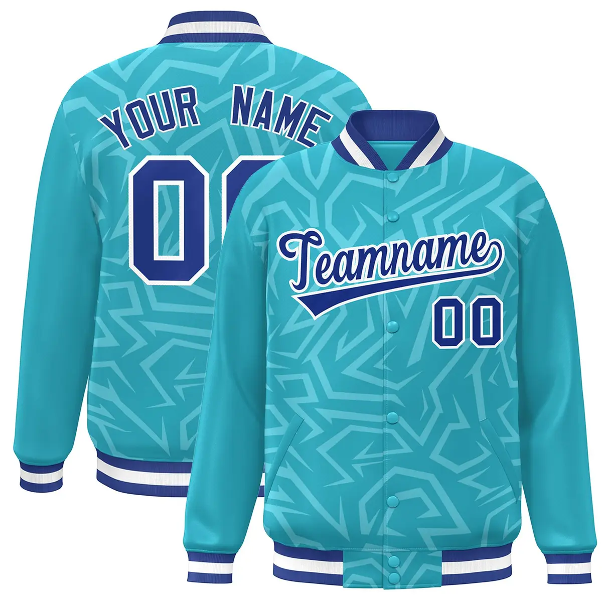 Light Blue Royal-White Stripe Graffiti Pattern Varsity Full-Snap Jacket