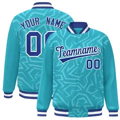 Light Blue Royal-White Stripe Graffiti Pattern Varsity Full-Snap Jacket