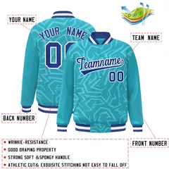 Light Blue Royal-White Stripe Graffiti Pattern Varsity Full-Snap Jacket 2