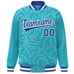 Light Blue Royal-White Stripe Graffiti Pattern Varsity Full-Snap Jacket 3