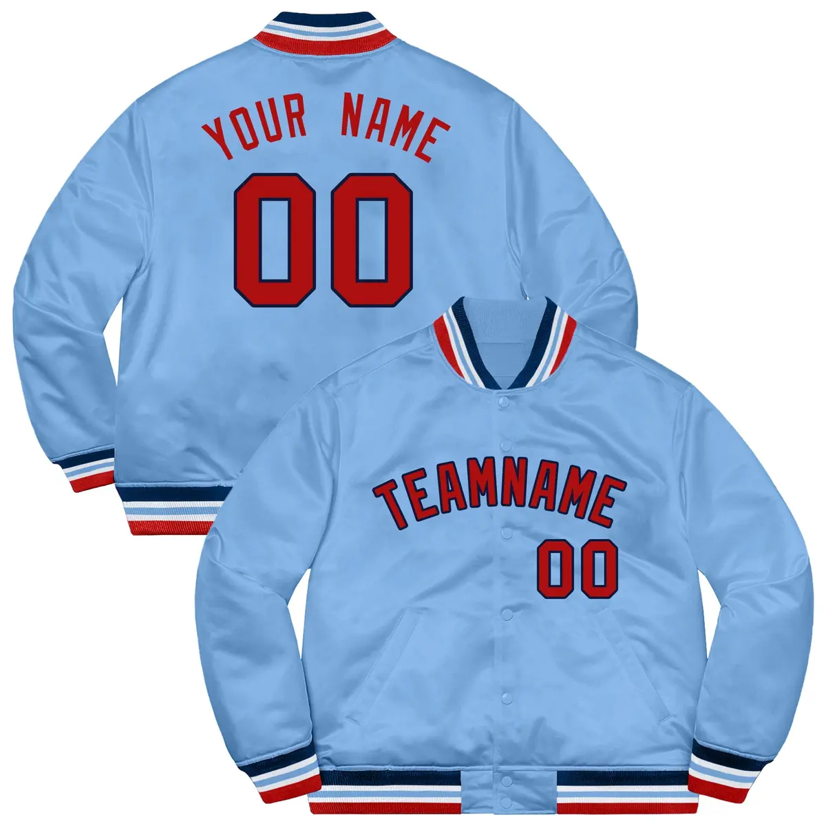 Light Blue Scarlet-Navy Letterman Solid Full-Snap Varsity Jacket