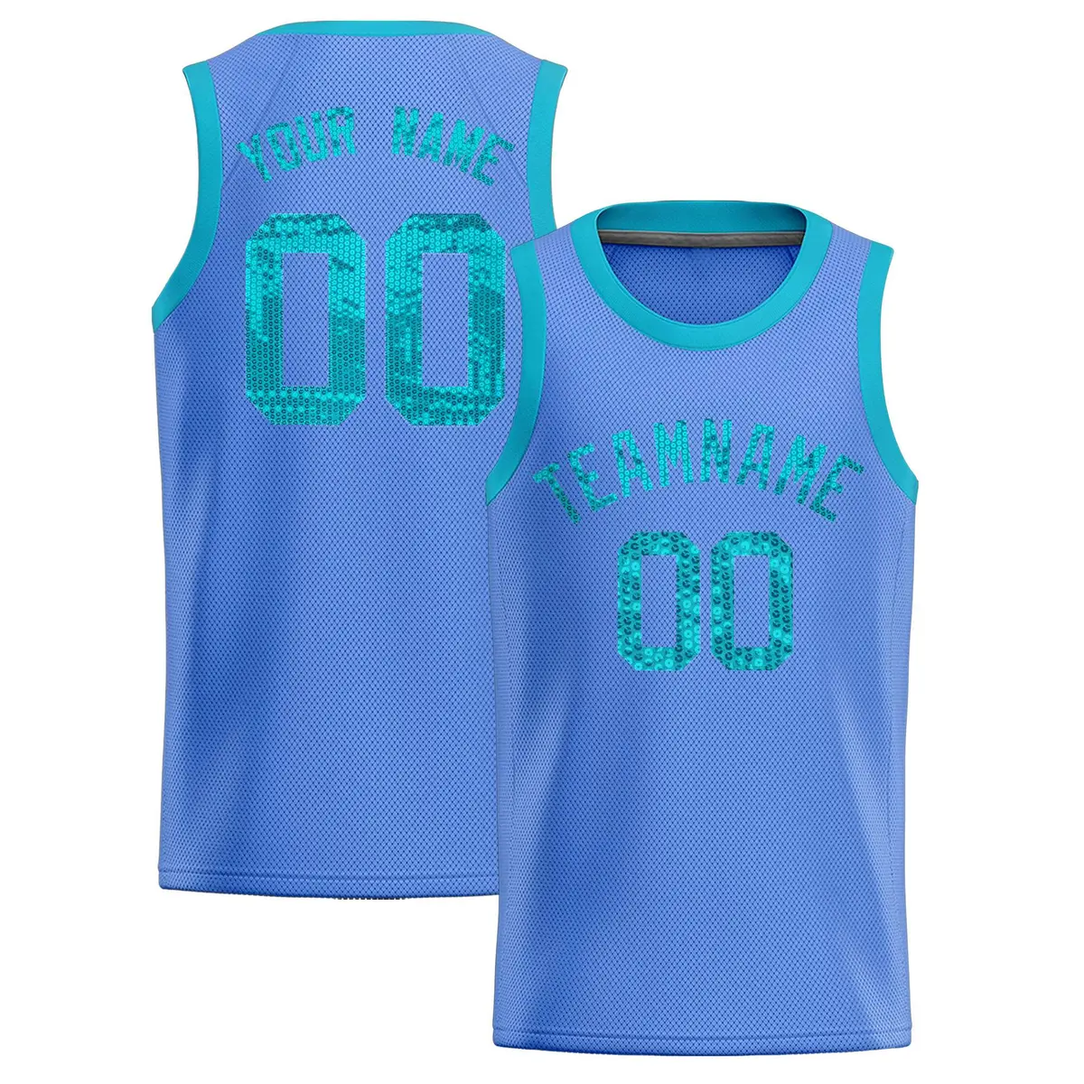 Light Blue Sequined Trim Athletic Basketball Jersey