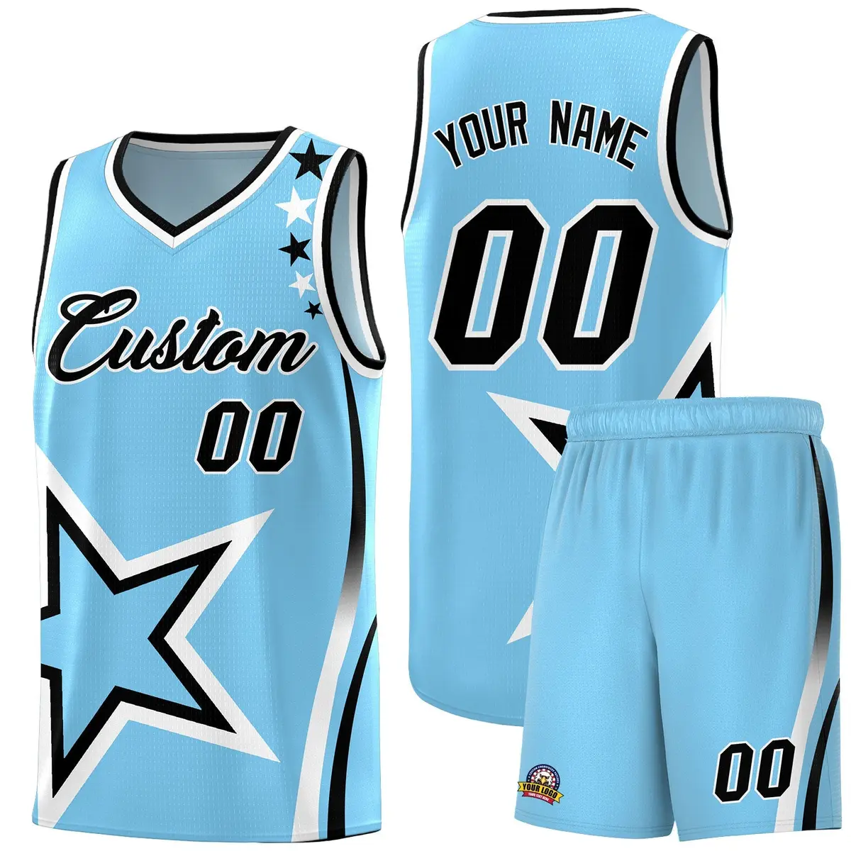 Light Blue Shoulder Stars Graffiti Basketball Jersey Set
