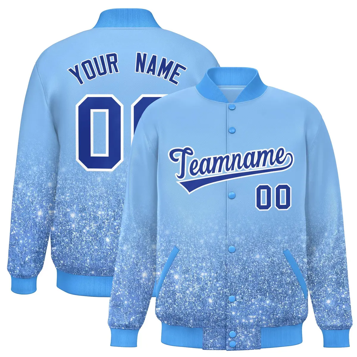 Light Blue Sparkle-Effect Varsity Full-Snap Letterman Baseball Jacket