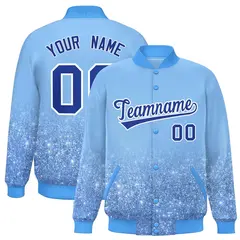 Light Blue Sparkle-Effect Varsity Full-Snap Letterman Baseball Jacket