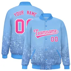 Light Blue Sparkle-Effect Varsity Full-Snap Letterman Baseball Jacket