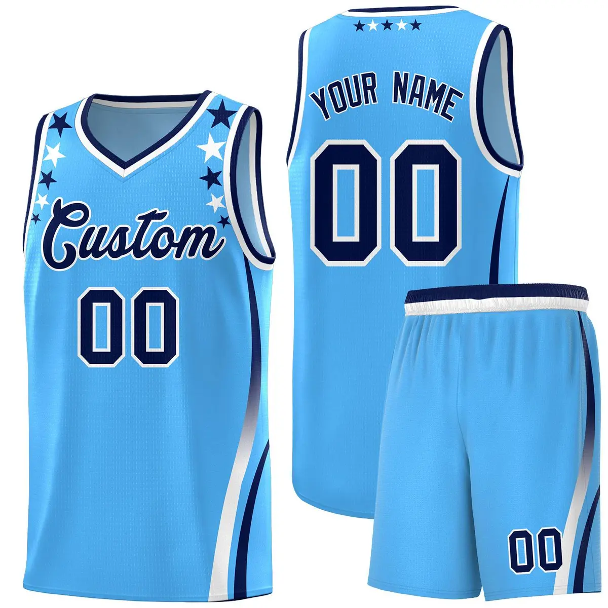 Light Blue Star Pattern Color Block Shoulders Basketball Jersey
