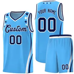Light Blue Star Pattern Color Block Shoulders Basketball Jersey 1