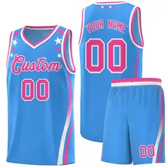 Light Blue Star Pattern Color Block Shoulders Basketball Jersey 1