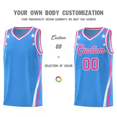 Light Blue Star Pattern Color Block Shoulders Basketball Jersey 3