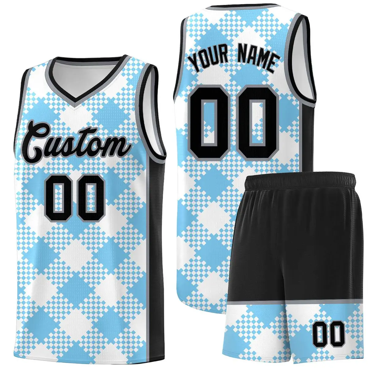 Light Blue White-Black Grid Basketball Kits For Team