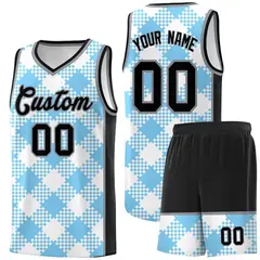 Light Blue White-Black Grid Basketball Kits For Team