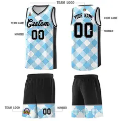 Light Blue White-Black Grid Basketball Kits For Team 5