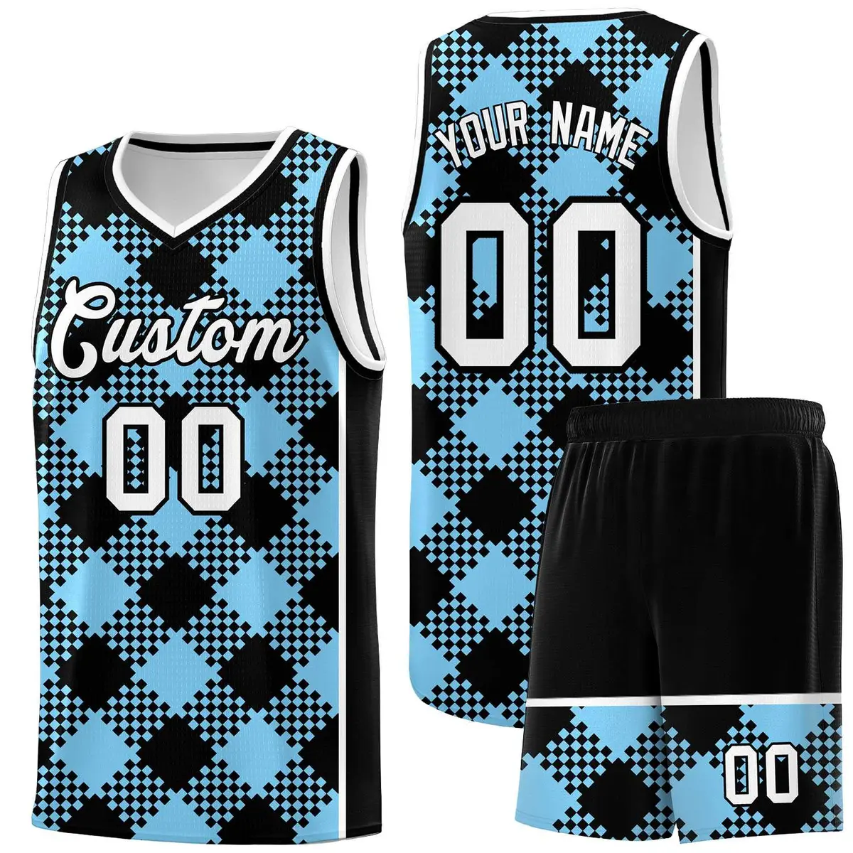 Light Blue White-Black Grid Basketball Kits For Team