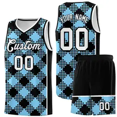 Light Blue White-Black Grid Basketball Kits For Team 1