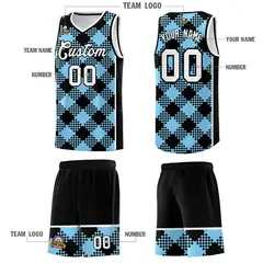 Light Blue White-Black Grid Basketball Kits For Team 5