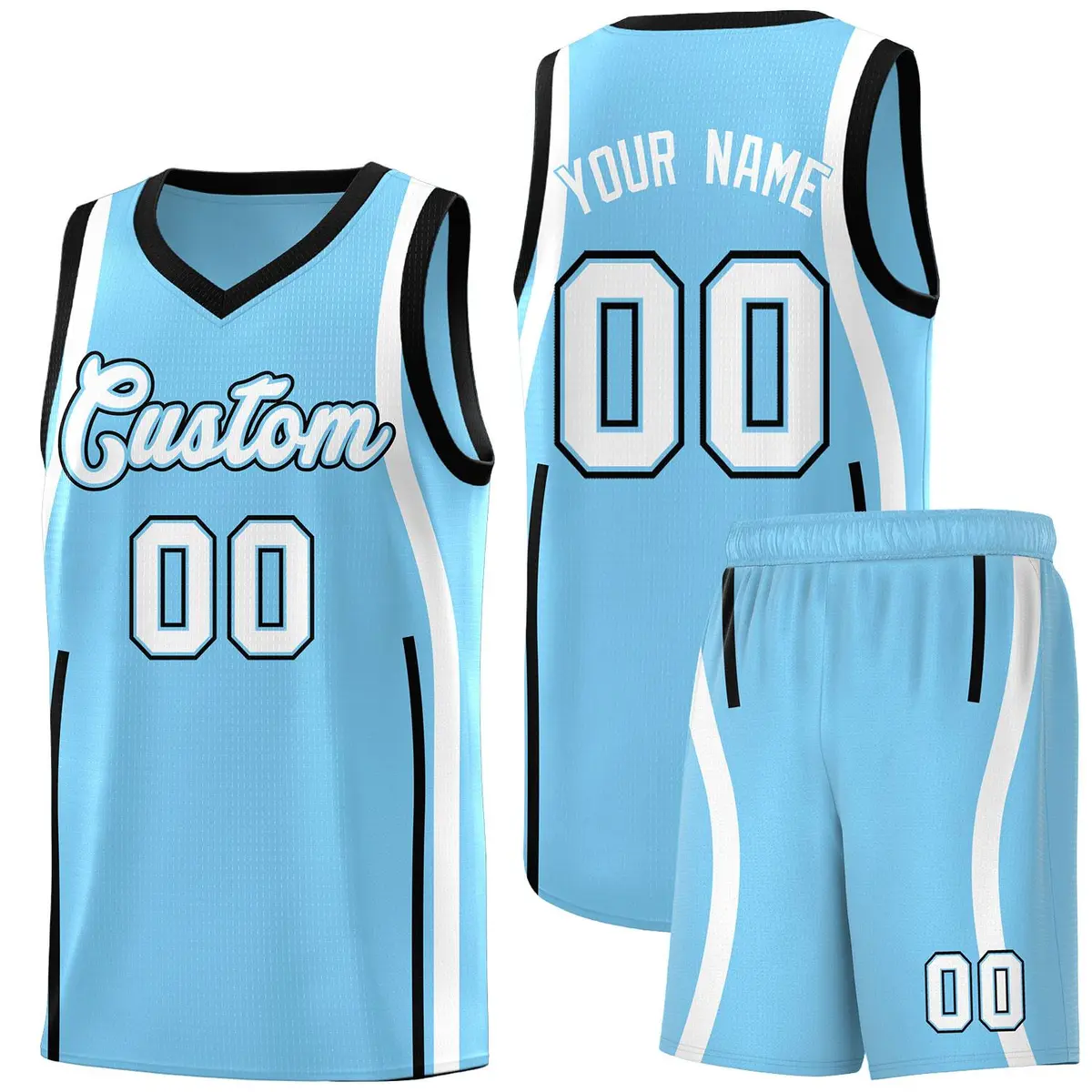 Light Blue White-Black Ribbon Pattern Basketball Kits