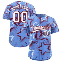 Light Blue White Crimson Star-Shaped Graffiti Ink Baseball Jersey 1