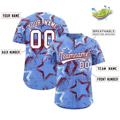 Light Blue White Crimson Star-Shaped Graffiti Ink Baseball Jersey 2