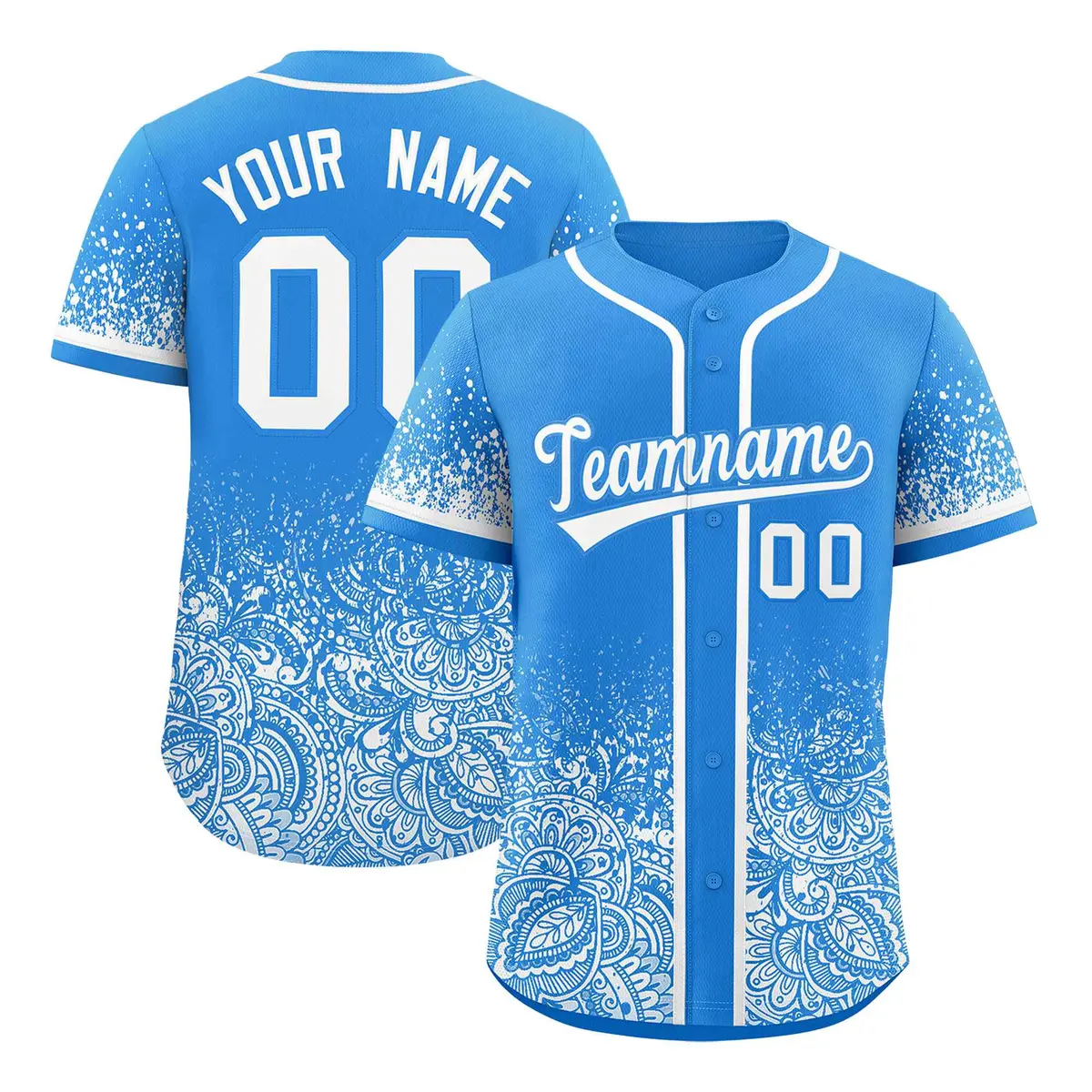 Light Blue White Floral Gradient Full Button Baseball Jersey