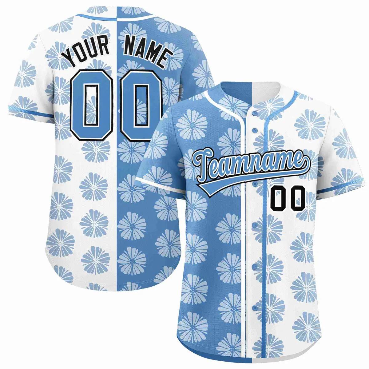 Light Blue White Flower Graffiti Split Baseball Jersey